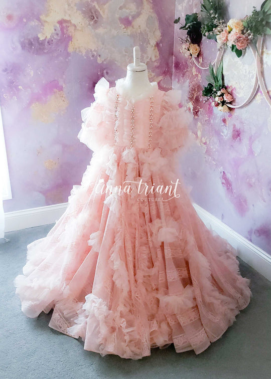 All Over Ruffle Gown in Blush