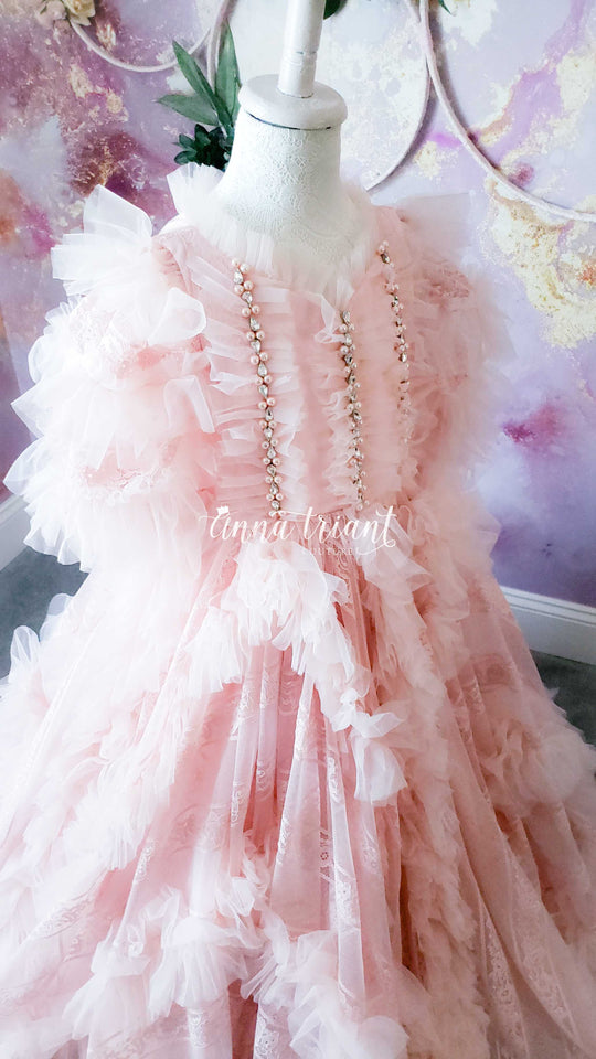 All Over Ruffle Gown in Blush